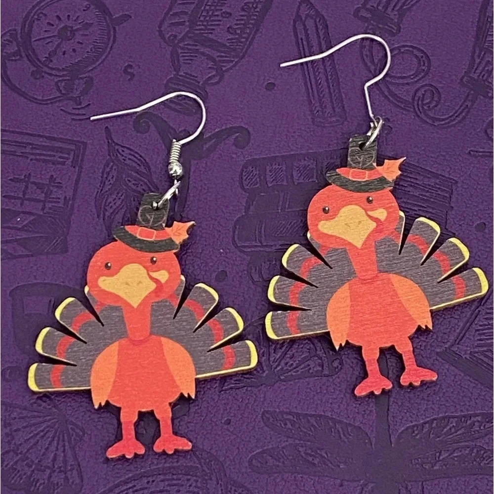 Cute Wooden Turkey Thanksgiving Fall Autumn Earrings NEW